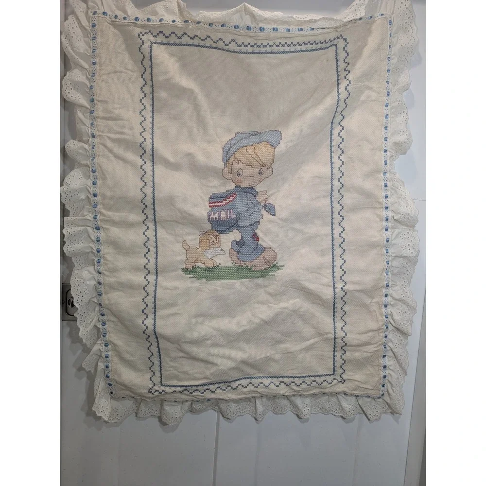 Cross Stitch Mail Boy Puppy Quilt Blanket Cream Blue 41 x 34 Precious Moments